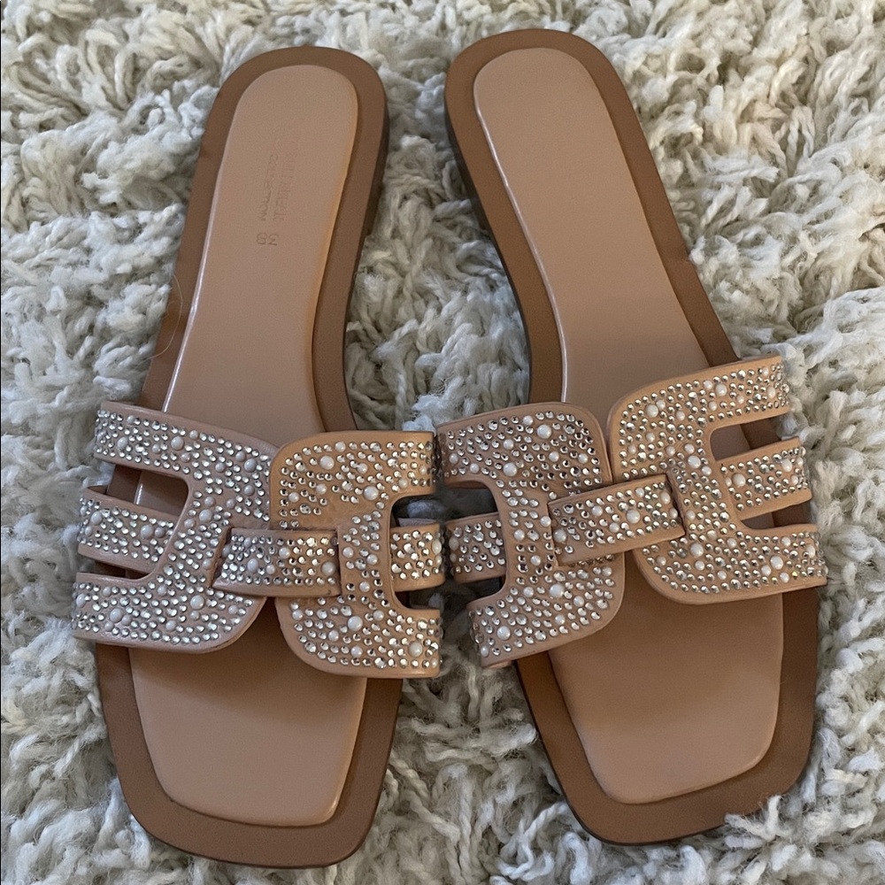 Pull & Bear Flat Slide on Silver Rhinestone Tan Strappy Sandals Size EU 38